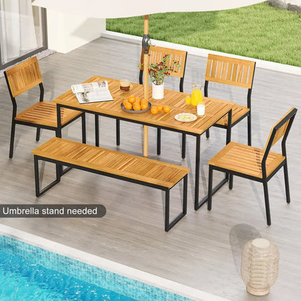 6 Pieces Outdoor Acacia Wood Dining Set with Bench and 2 Inches Umbrella Hole - Patio Dining Sets