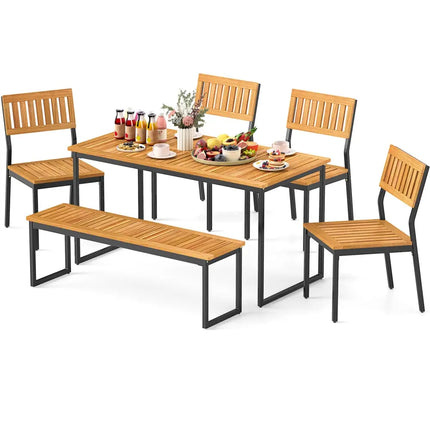 6 Pieces Outdoor Acacia Wood Dining Set with Bench and 2 Inches Umbrella Hole - Patio Dining Sets