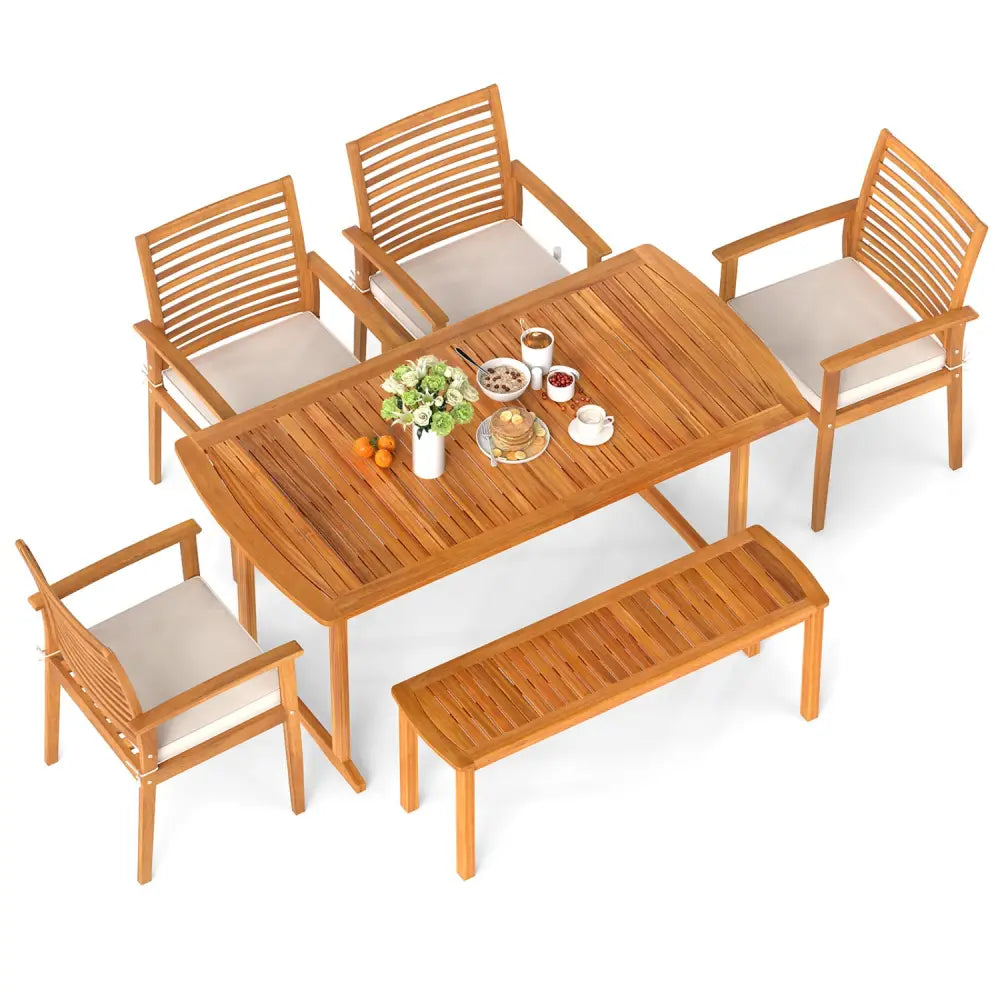6 Pieces Outdoor Acacia Wood Dining Set with Umbrella Hole - Natural - Patio Dining Sets