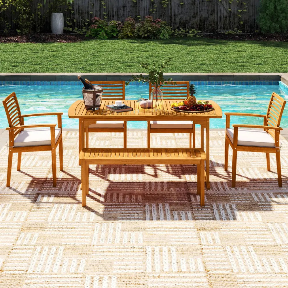 6 Pieces Outdoor Acacia Wood Dining Set with Umbrella Hole - Natural - Patio Dining Sets