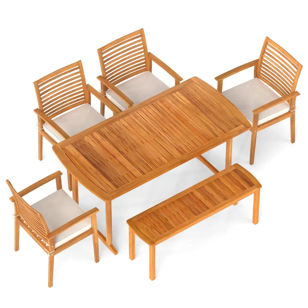 6 Pieces Outdoor Acacia Wood Dining Set with Umbrella Hole - Natural - Patio Dining Sets