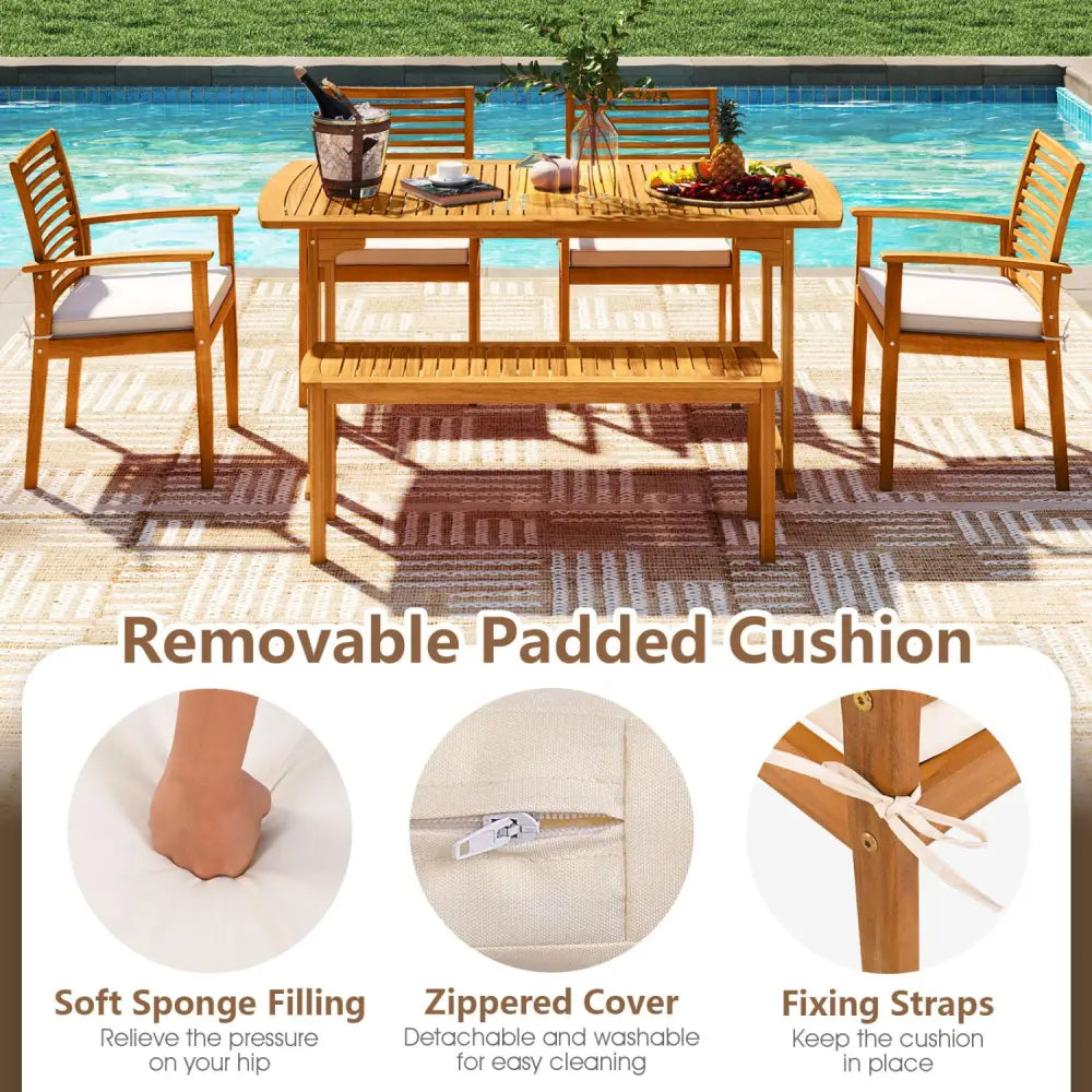 6 Pieces Outdoor Acacia Wood Dining Set with Umbrella Hole - Natural - Patio Dining Sets