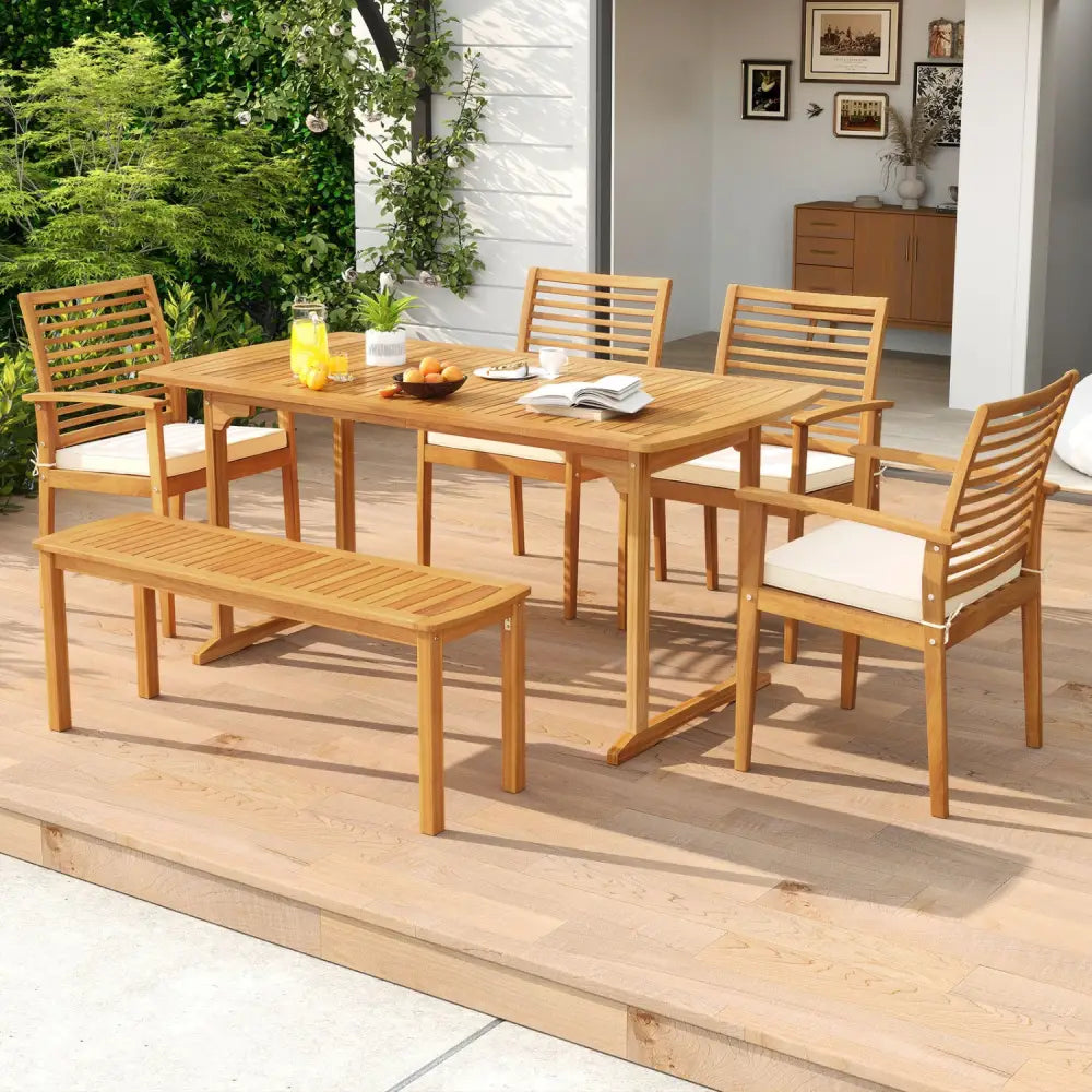 6 Pieces Outdoor Acacia Wood Dining Set with Umbrella Hole - Natural - Patio Dining Sets
