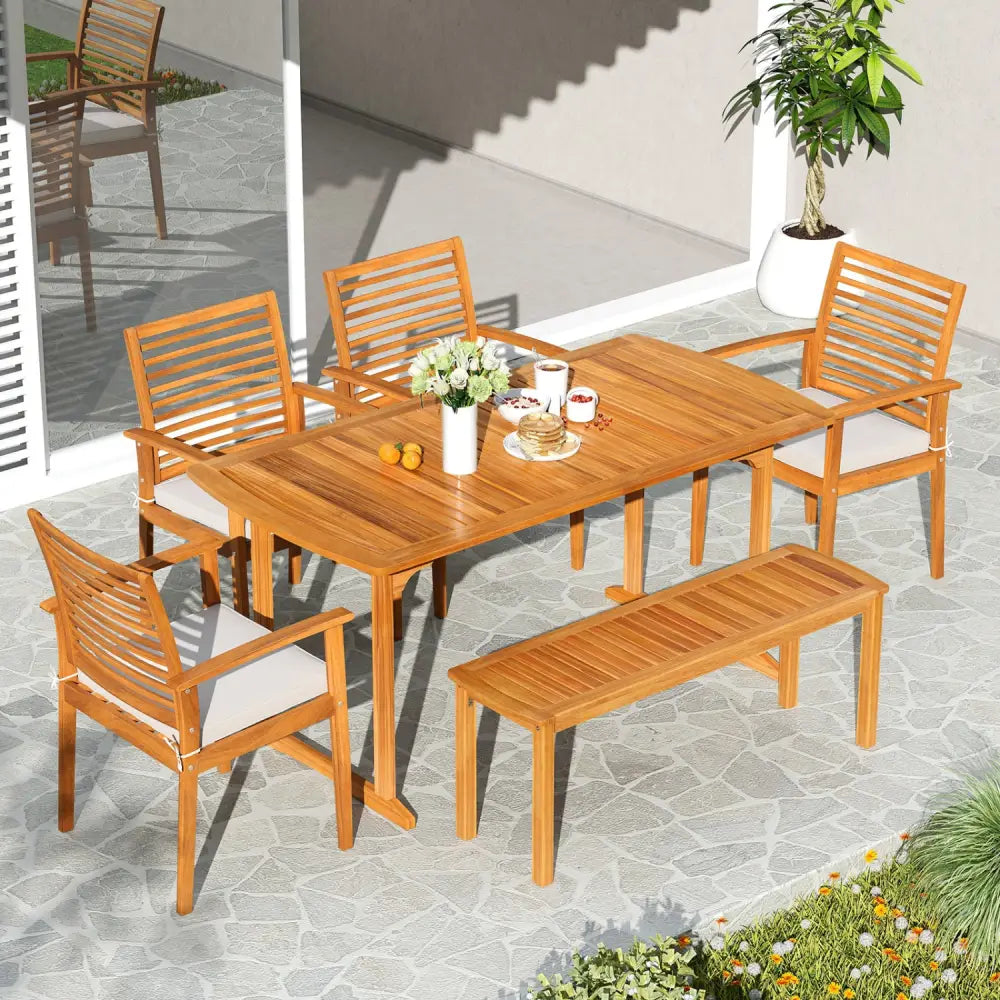 6 Pieces Outdoor Acacia Wood Dining Set with Umbrella Hole - Natural - Patio Dining Sets
