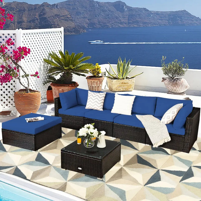 6 Pieces Outdoor Patio Rattan Furniture Set Sofa Ottoman - Blue - Outdoor Sectionals