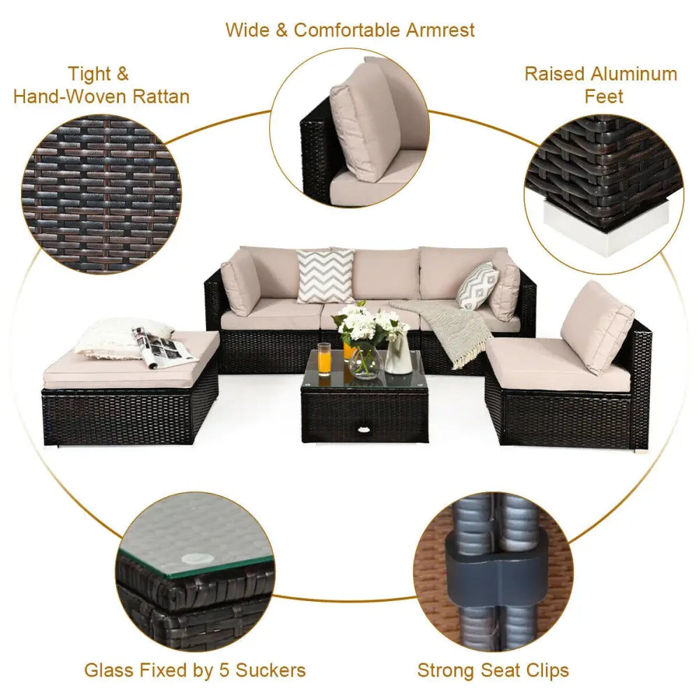 6 Pieces Outdoor Patio Rattan Furniture Set Sofa Ottoman-Coffee - Beige - Outdoor Sectionals