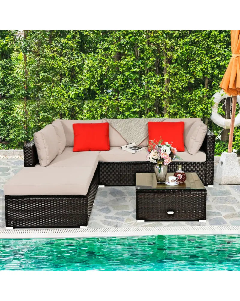 6 Pieces Outdoor Patio Rattan Furniture Set Sofa Ottoman-Coffee - Beige - Outdoor Sectionals