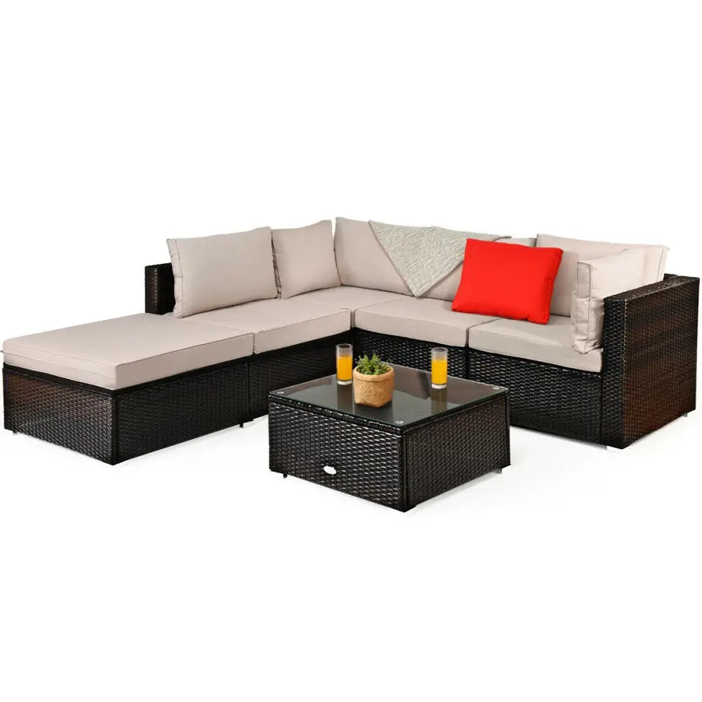 6 Pieces Outdoor Patio Rattan Furniture Set Sofa Ottoman-Coffee - Beige - Outdoor Sectionals