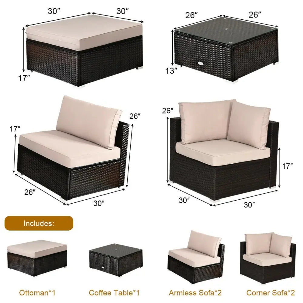 6 Pieces Outdoor Patio Rattan Furniture Set Sofa Ottoman-Coffee - Beige - Outdoor Sectionals