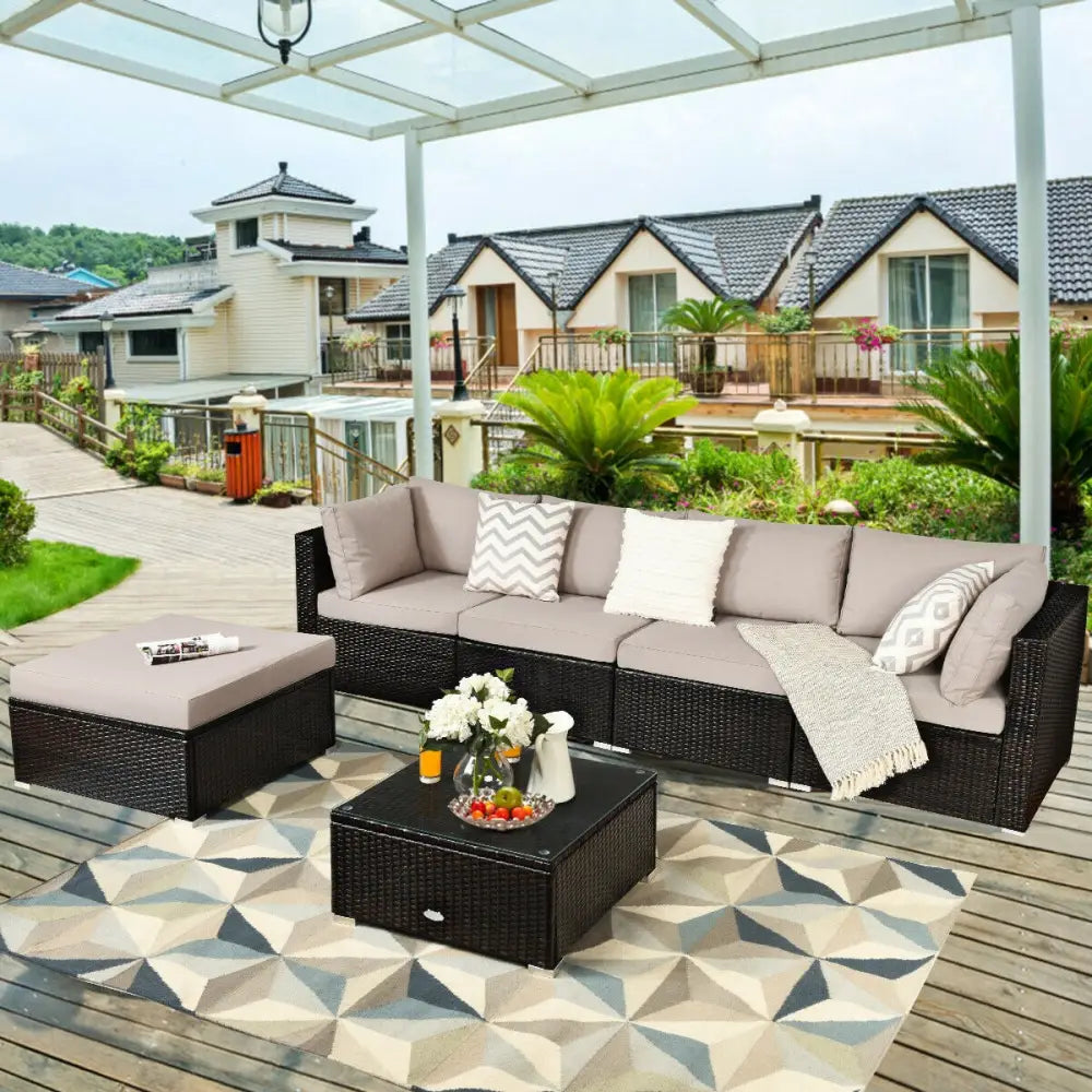 6 Pieces Outdoor Patio Rattan Furniture Set Sofa Ottoman-Coffee - Beige - Outdoor Sectionals