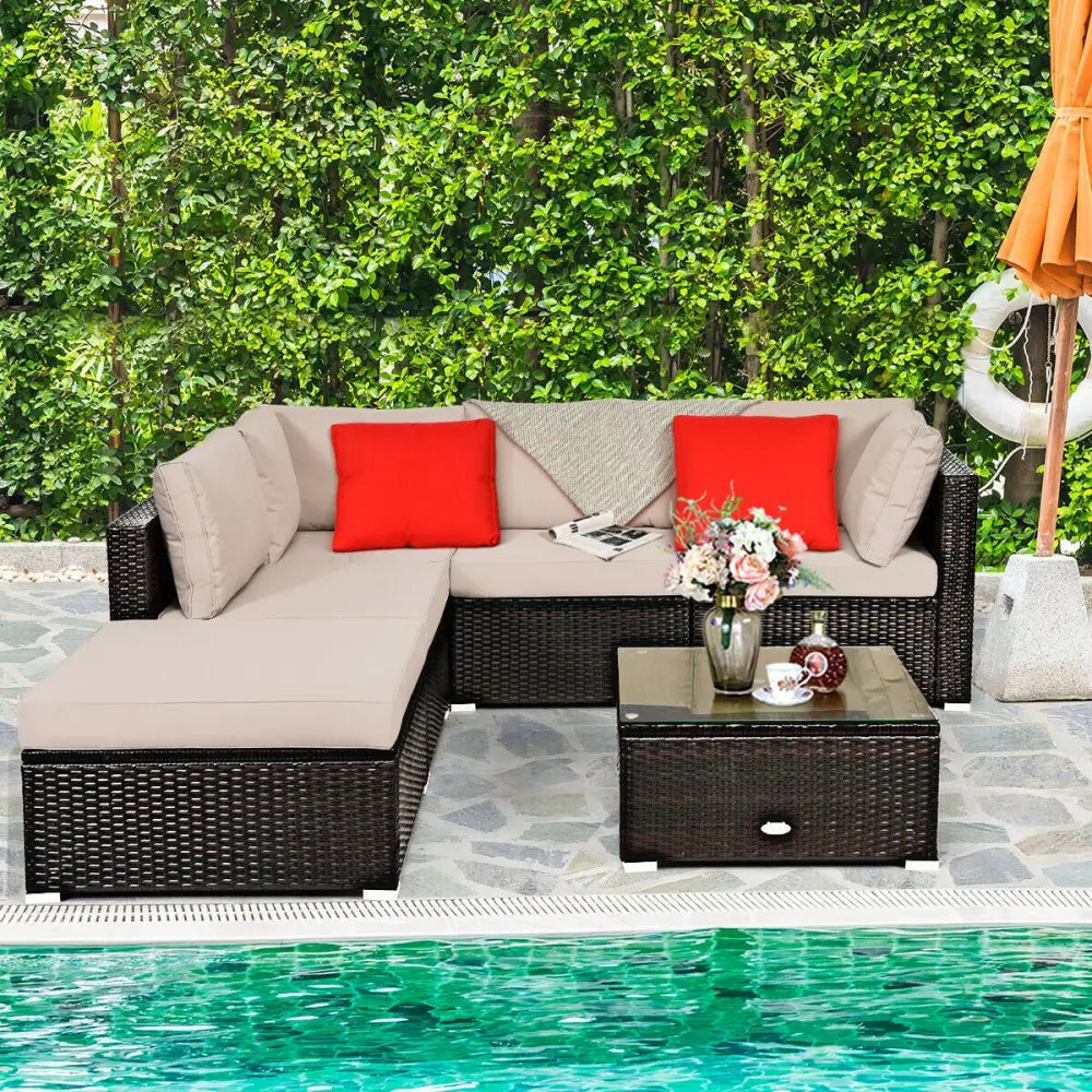 6 Pieces Outdoor Patio Rattan Furniture Set Sofa Ottoman-Coffee - Beige - Outdoor Sectionals