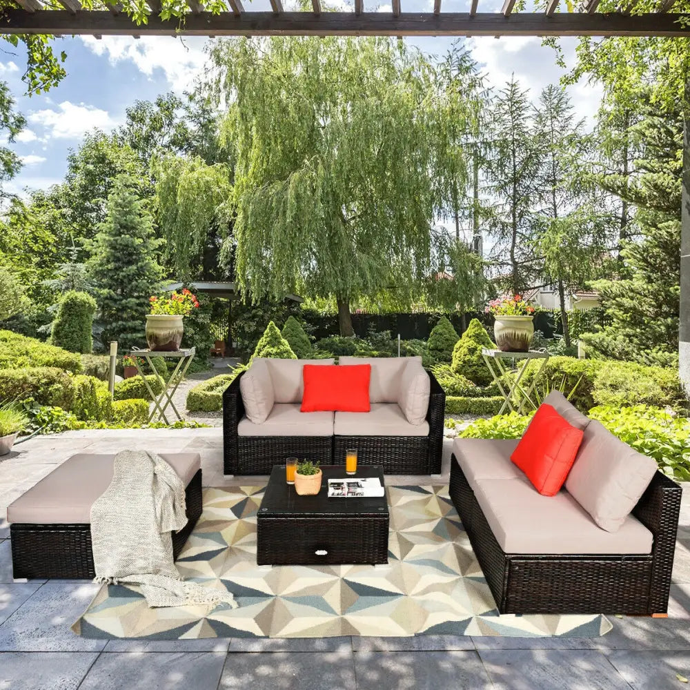6 Pieces Outdoor Patio Rattan Furniture Set Sofa Ottoman-Coffee - Beige - Outdoor Sectionals