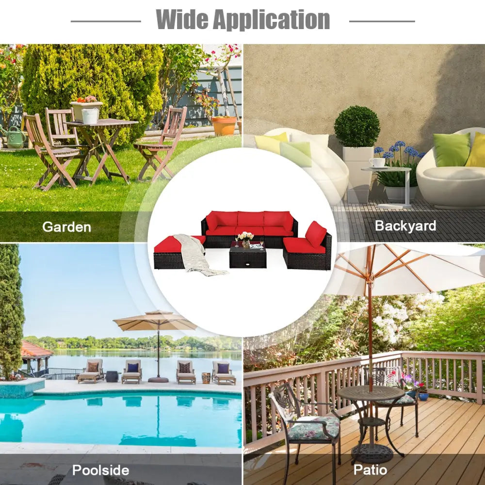 6 Pieces Outdoor Patio Rattan Furniture Set Sofa Ottoman-Red - Red - Outdoor Sectionals