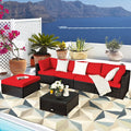 6 Pieces Outdoor Patio Rattan Furniture Set Sofa Ottoman-Red - Red - Outdoor Sectionals