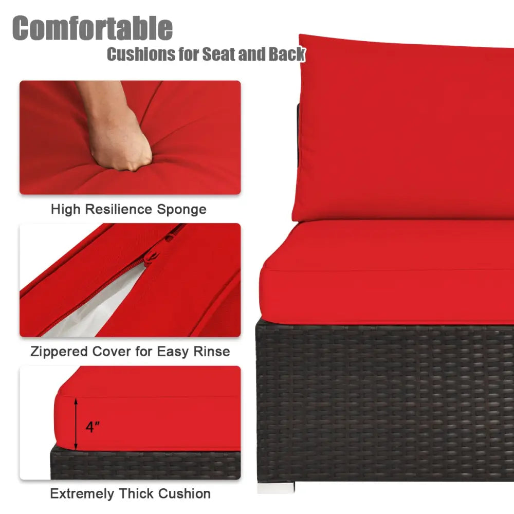 6 Pieces Outdoor Patio Rattan Furniture Set Sofa Ottoman-Red - Red - Outdoor Sectionals