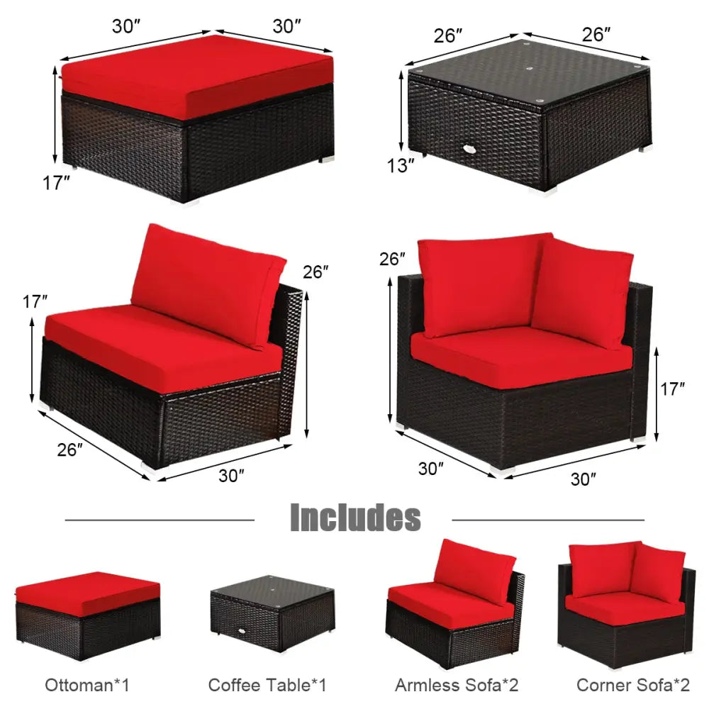 6 Pieces Outdoor Patio Rattan Furniture Set Sofa Ottoman-Red - Red - Outdoor Sectionals