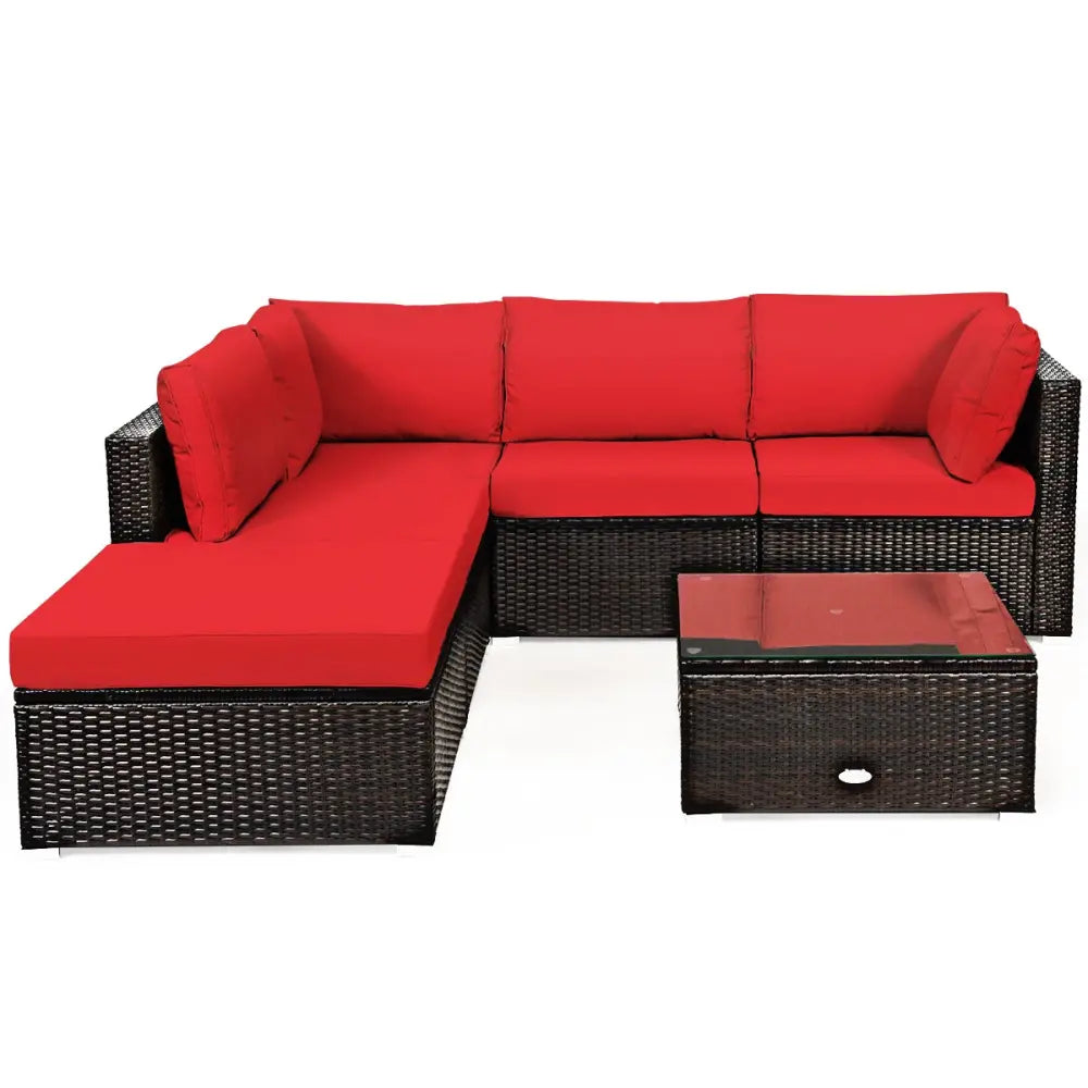 6 Pieces Outdoor Patio Rattan Furniture Set Sofa Ottoman-Red - Red - Outdoor Sectionals