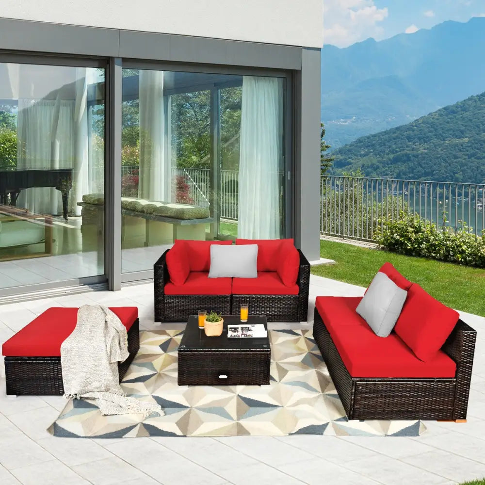 6 Pieces Outdoor Patio Rattan Furniture Set Sofa Ottoman-Red - Red - Outdoor Sectionals