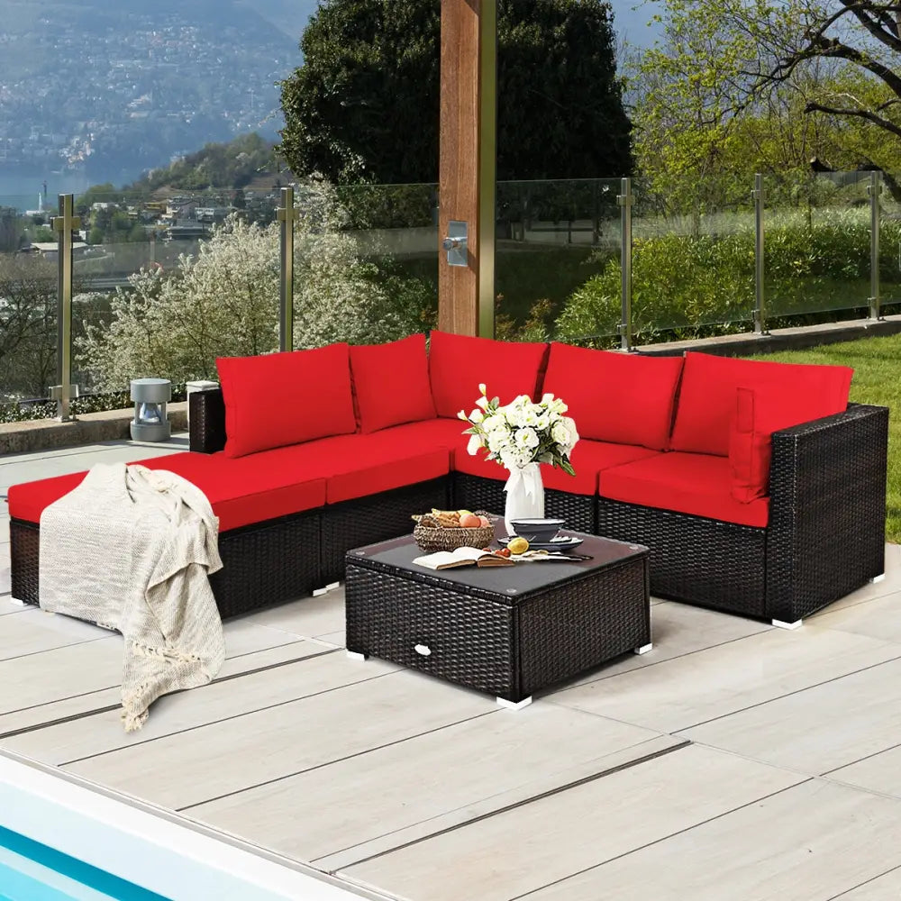 6 Pieces Outdoor Patio Rattan Furniture Set Sofa Ottoman-Red - Red - Outdoor Sectionals