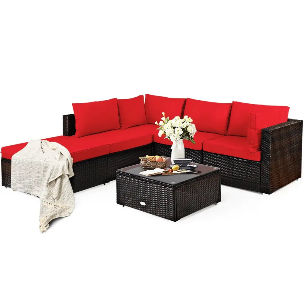 6 Pieces Outdoor Patio Rattan Furniture Set Sofa Ottoman-Red - Red - Outdoor Sectionals