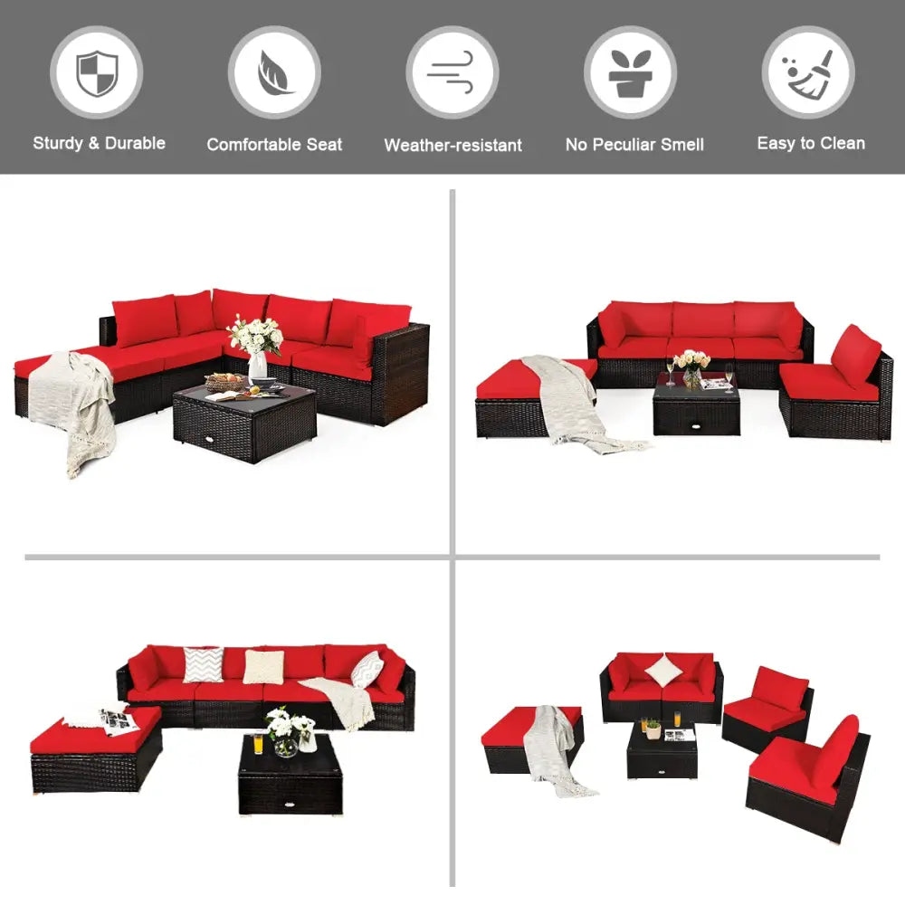 6 Pieces Outdoor Patio Rattan Furniture Set Sofa Ottoman-Red - Red - Outdoor Sectionals