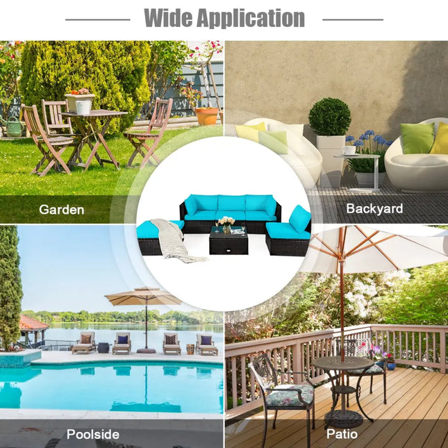 6 Pieces Outdoor Patio Rattan Furniture Set Sofa Ottoman-Turquoise - Turquoise - Outdoor Sectionals