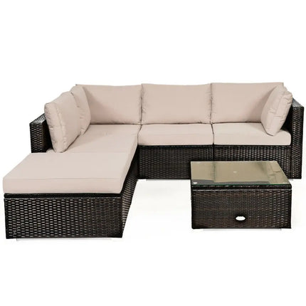6 Pieces Outdoor Patio Rattan Furniture Set Sofa OttomanCoffee - Oasis Home Essentials