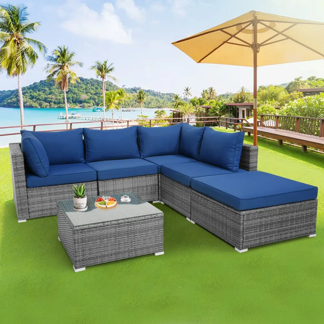 6 Pieces Outdoor Rattan Sofa Set with Seat and Back Cushions-Navy - Navy - Outdoor Sectionals