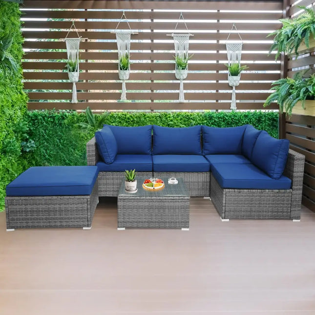 6 Pieces Outdoor Rattan Sofa Set with Seat and Back Cushions-Navy - Navy - Outdoor Sectionals