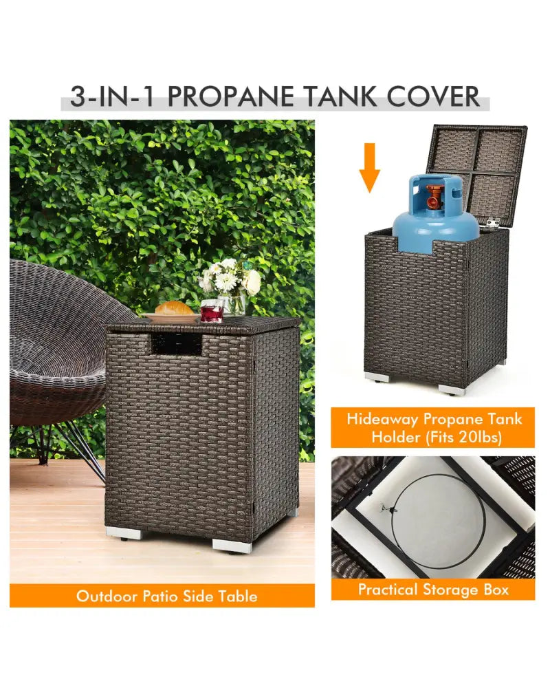 6 Pieces Outdoor Wicker Furniture Set with 32 Inch Propane Fire Pit Table-Beige - Light Brown - Patio Conversation Sets