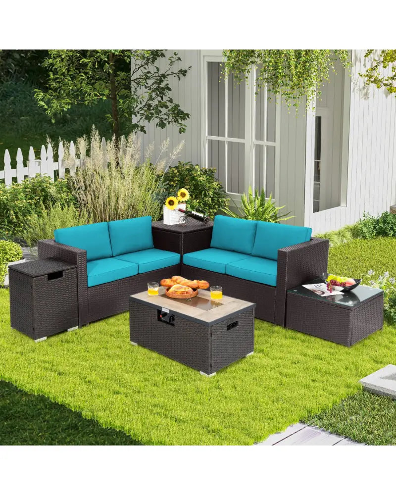 6 Pieces Outdoor Wicker Furniture Set with 32 Inch Propane Fire Pit Table-Turquoise - Turquoise - Patio Conversation