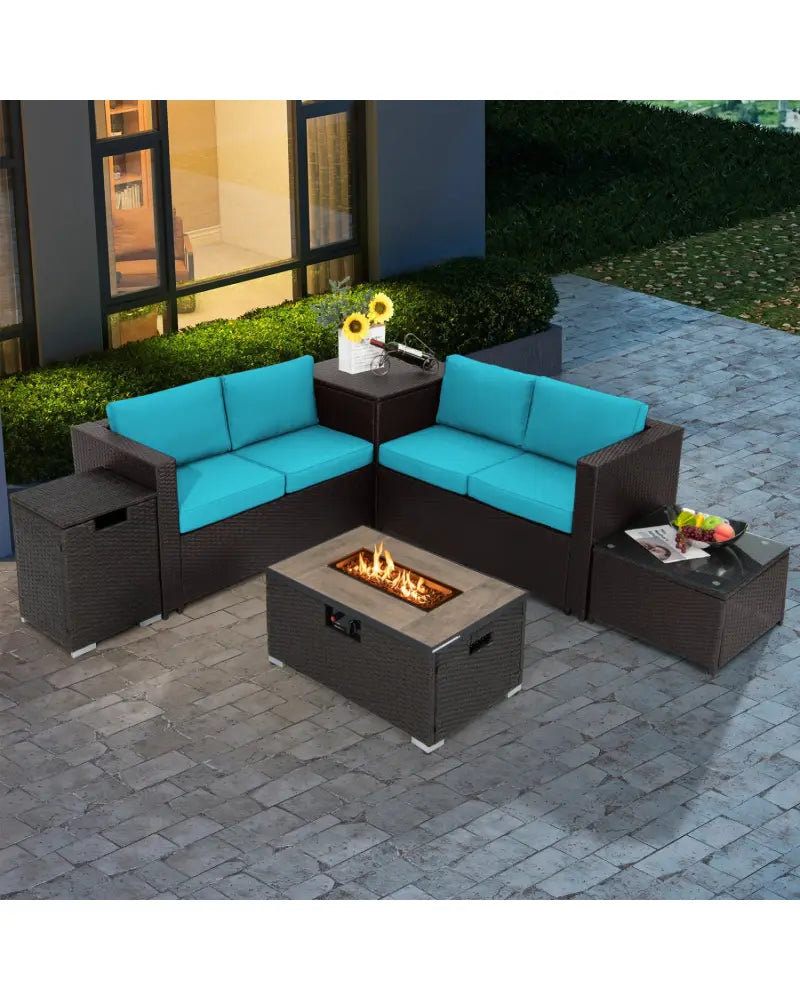 6 Pieces Outdoor Wicker Furniture Set with 32 Inch Propane Fire Pit Table-Turquoise - Turquoise - Patio Conversation