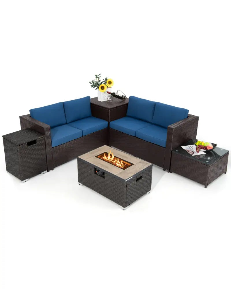 6 Pieces Outdoor Wicker Furniture Set with 32 Inch Propane Fire Pit Table-Navy - Navy - Patio Conversation Sets