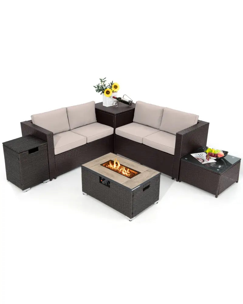 6 Pieces Outdoor Wicker Furniture Set with 32 Inch Propane Fire Pit Table-Beige - Light Brown - Patio Conversation Sets