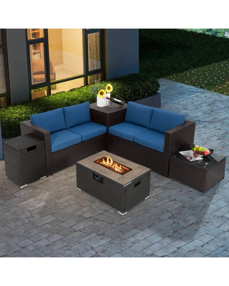 6 Pieces Outdoor Wicker Furniture Set with 32 Inch Propane Fire Pit Table-Navy - Navy - Patio Conversation Sets