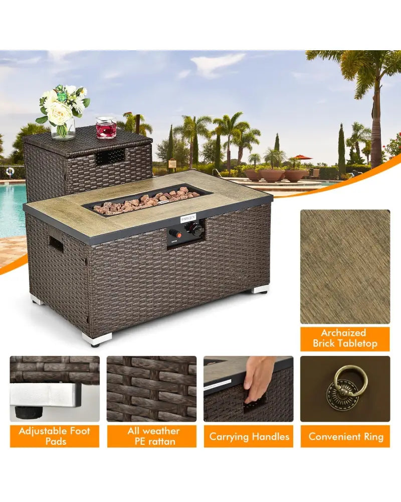 6 Pieces Outdoor Wicker Furniture Set with 32 Inch Propane Fire Pit Table-Beige - Light Brown - Patio Conversation Sets