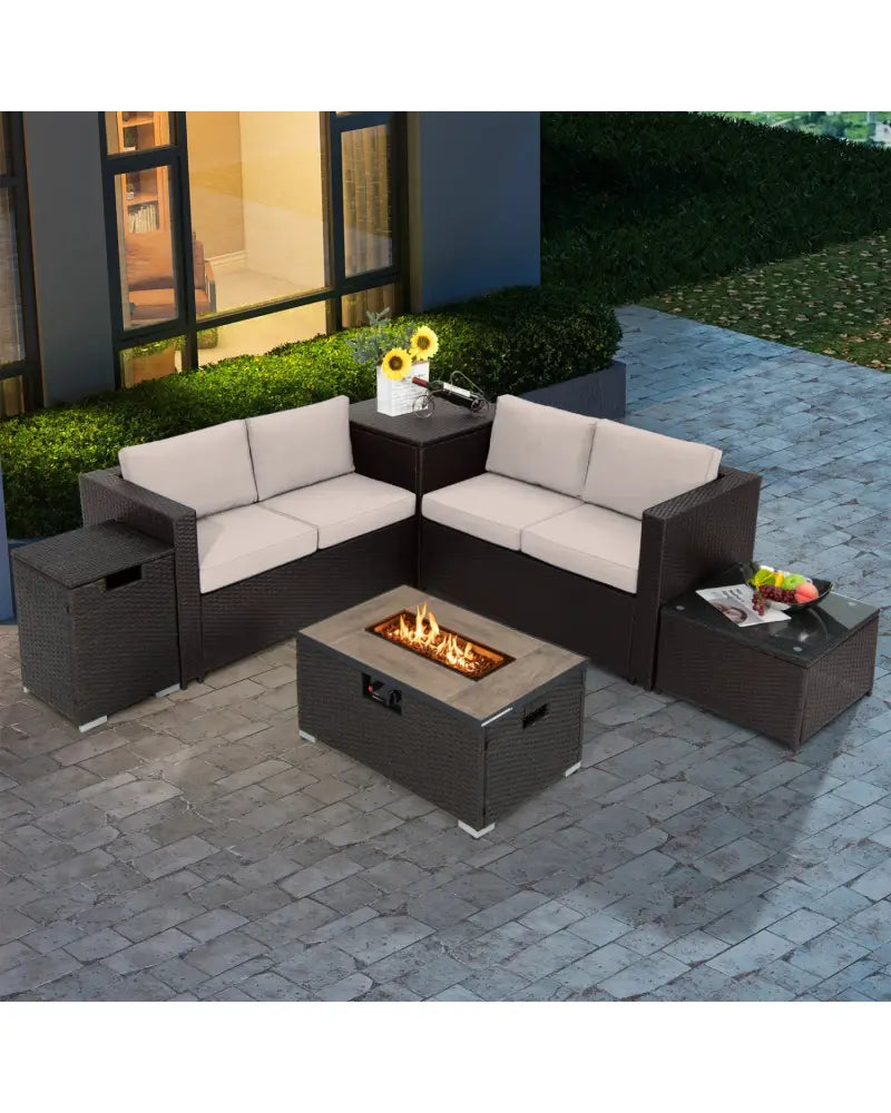 6 Pieces Outdoor Wicker Furniture Set with 32 Inch Propane Fire Pit Table-Beige - Light Brown - Patio Conversation Sets