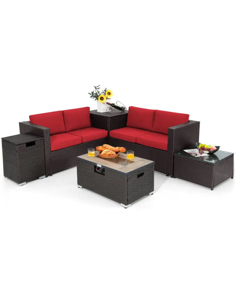 6 Pieces Outdoor Wicker Furniture Set with 32 Inch Propane Fire Pit Table-Red - Red - Patio Conversation Sets