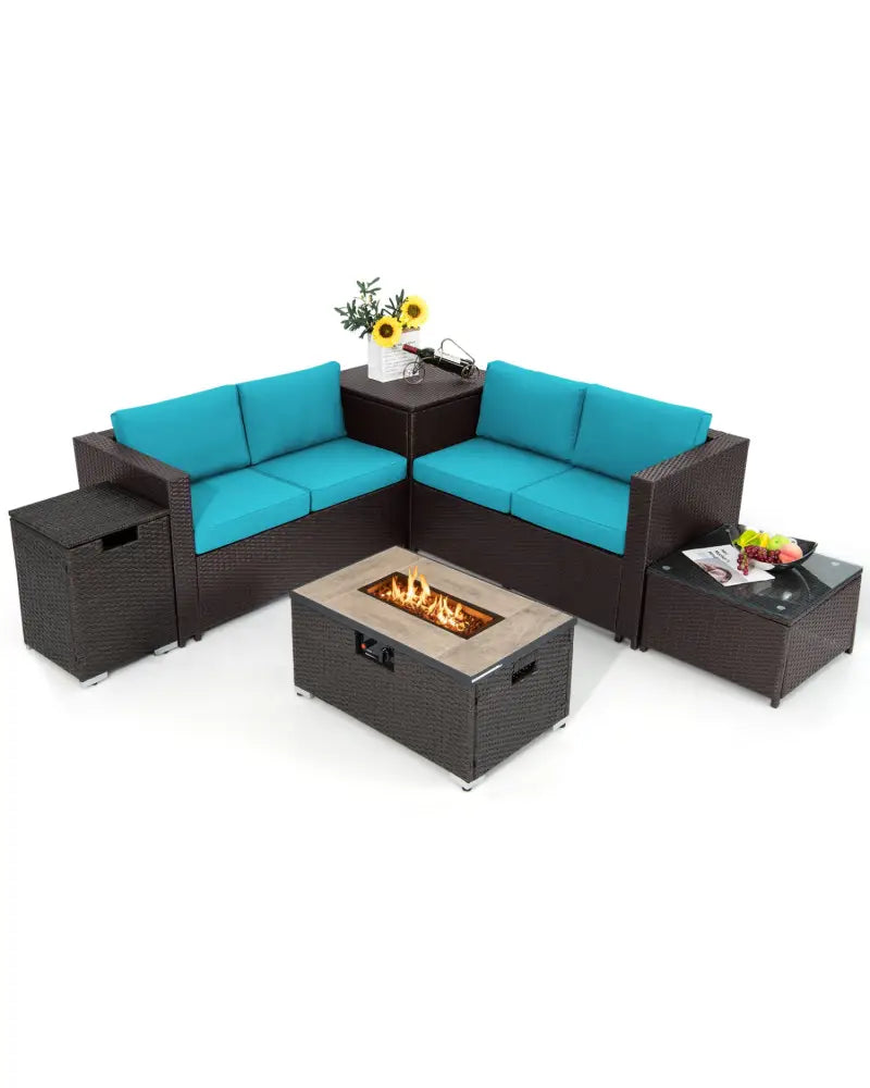 6 Pieces Outdoor Wicker Furniture Set with 32 Inch Propane Fire Pit Table-Turquoise - Turquoise - Patio Conversation