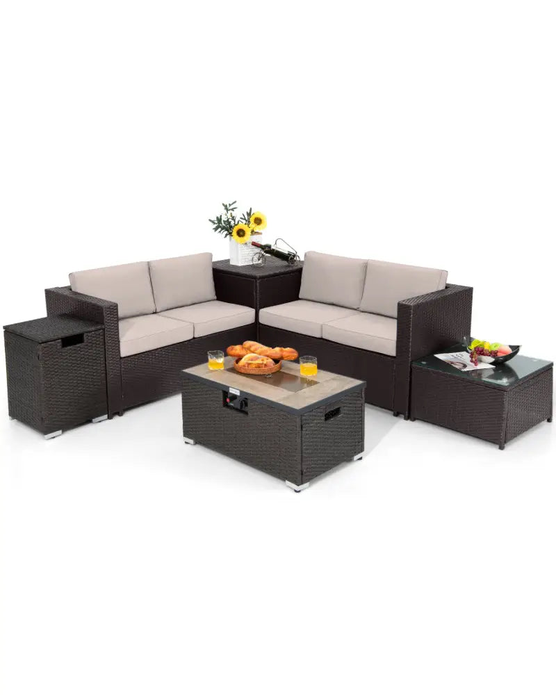 6 Pieces Outdoor Wicker Furniture Set with 32 Inch Propane Fire Pit Table-Beige - Light Brown - Patio Conversation Sets