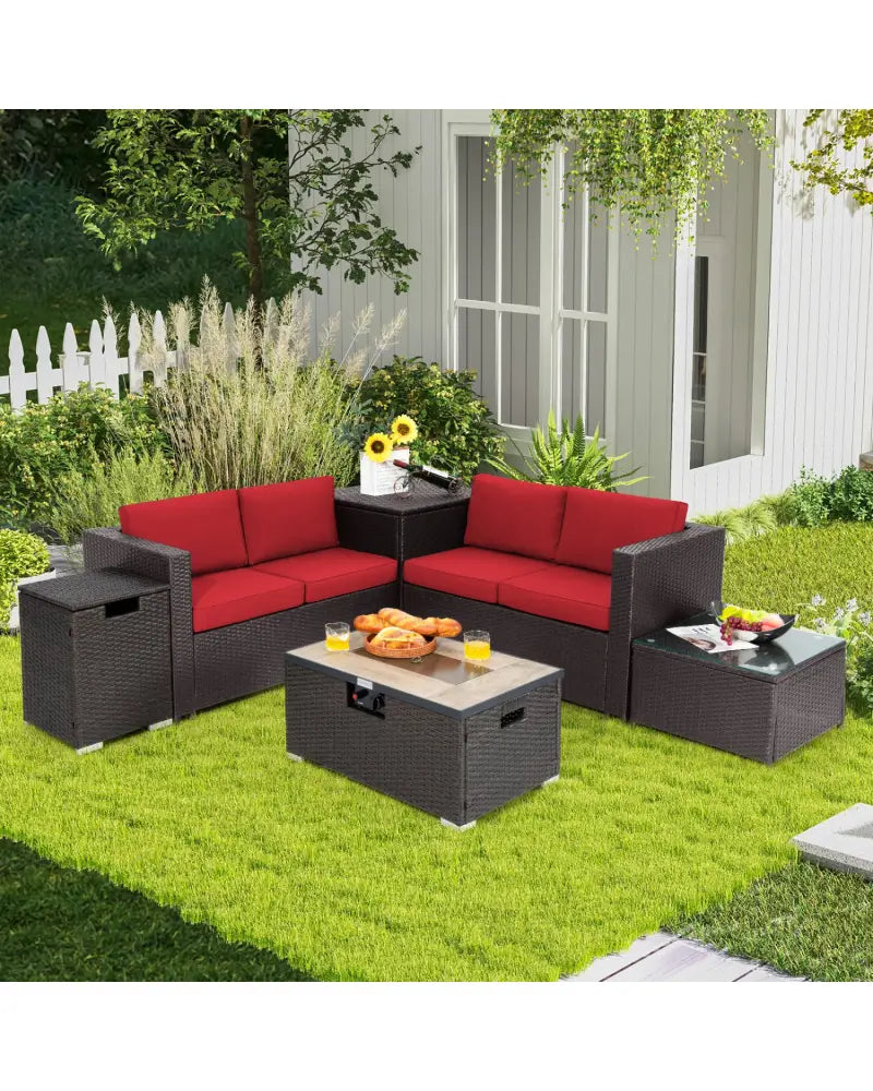 6 Pieces Outdoor Wicker Furniture Set with 32 Inch Propane Fire Pit Table-Red - Red - Patio Conversation Sets