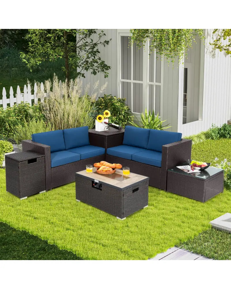 6 Pieces Outdoor Wicker Furniture Set with 32 Inch Propane Fire Pit Table-Navy - Navy - Patio Conversation Sets