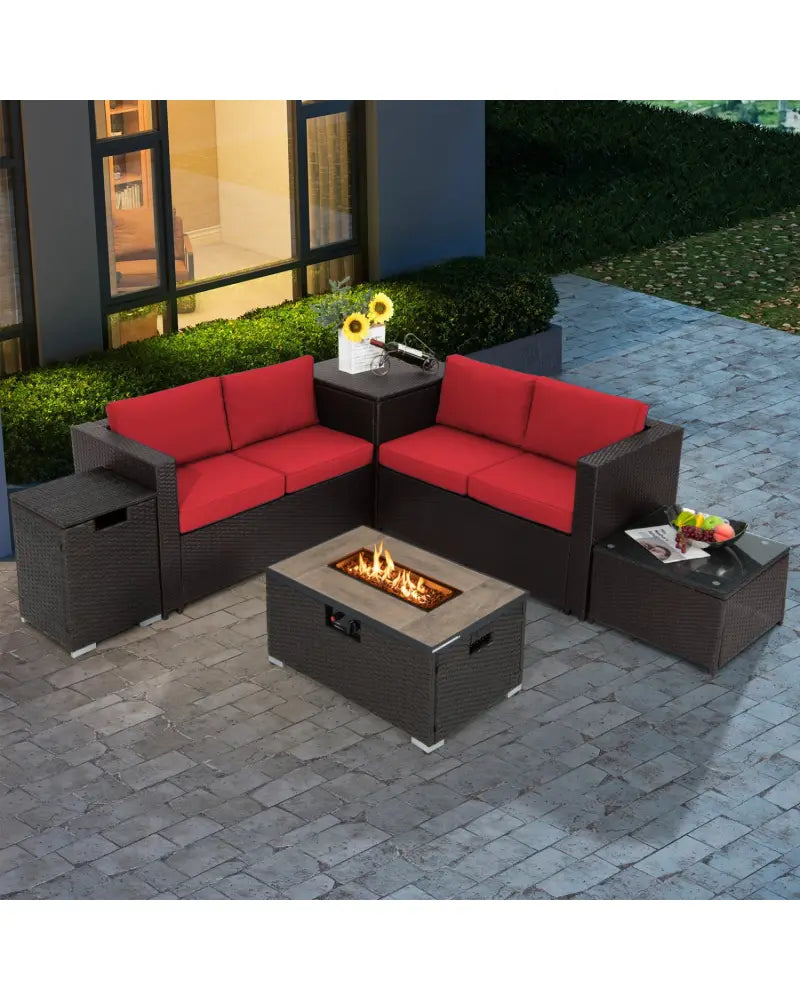 6 Pieces Outdoor Wicker Furniture Set with 32 Inch Propane Fire Pit Table-Red - Red - Patio Conversation Sets