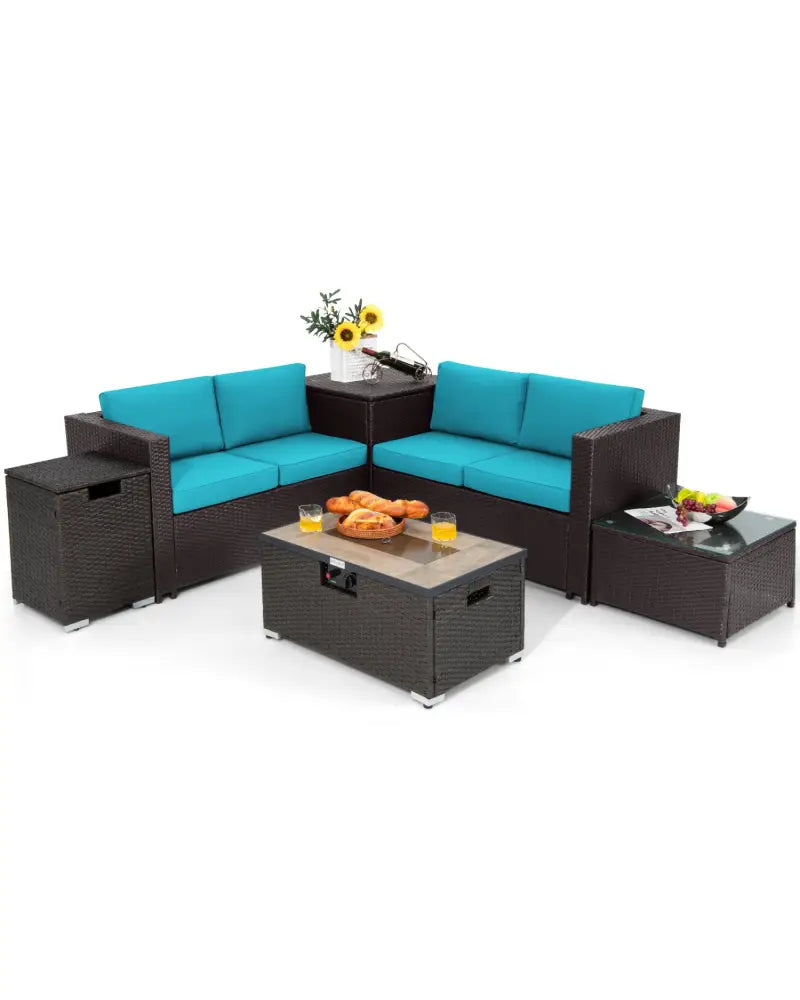 6 Pieces Outdoor Wicker Furniture Set with 32 Inch Propane Fire Pit Table-Turquoise - Turquoise - Patio Conversation