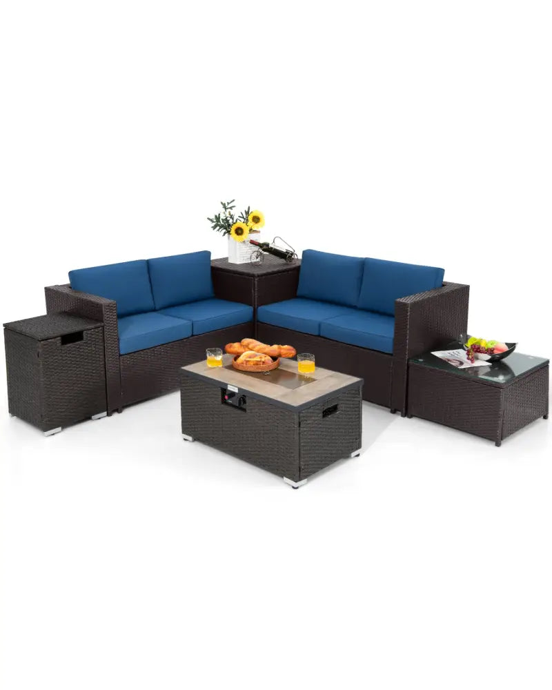 6 Pieces Outdoor Wicker Furniture Set with 32 Inch Propane Fire Pit Table-Navy - Navy - Patio Conversation Sets