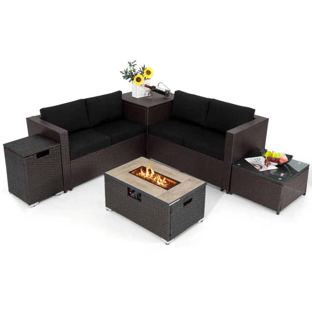 6 Pieces Outdoor Wicker Furniture Set with 32 Inch Propane Fire Pit Table-Black - Black - Patio Conversation Sets