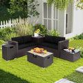 6 Pieces Outdoor Wicker Furniture Set with 32 Inch Propane Fire Pit Table-Black - Black - Patio Conversation Sets