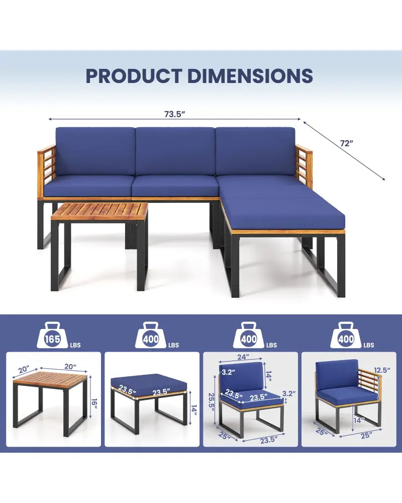 6 Pieces Patio Acacia Wood Conversation Sofa Set with Ottomans and Coffee Table-Navy - Navy - Patio Conversation Sets