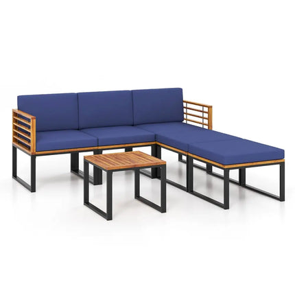 6 Pieces Patio Acacia Wood Conversation Sofa Set with Ottomans and Coffee Table-Navy - Navy - Patio Conversation Sets