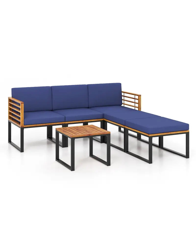 6 Pieces Patio Acacia Wood Conversation Sofa Set with Ottomans and Coffee Table-Navy - Navy - Patio Conversation Sets